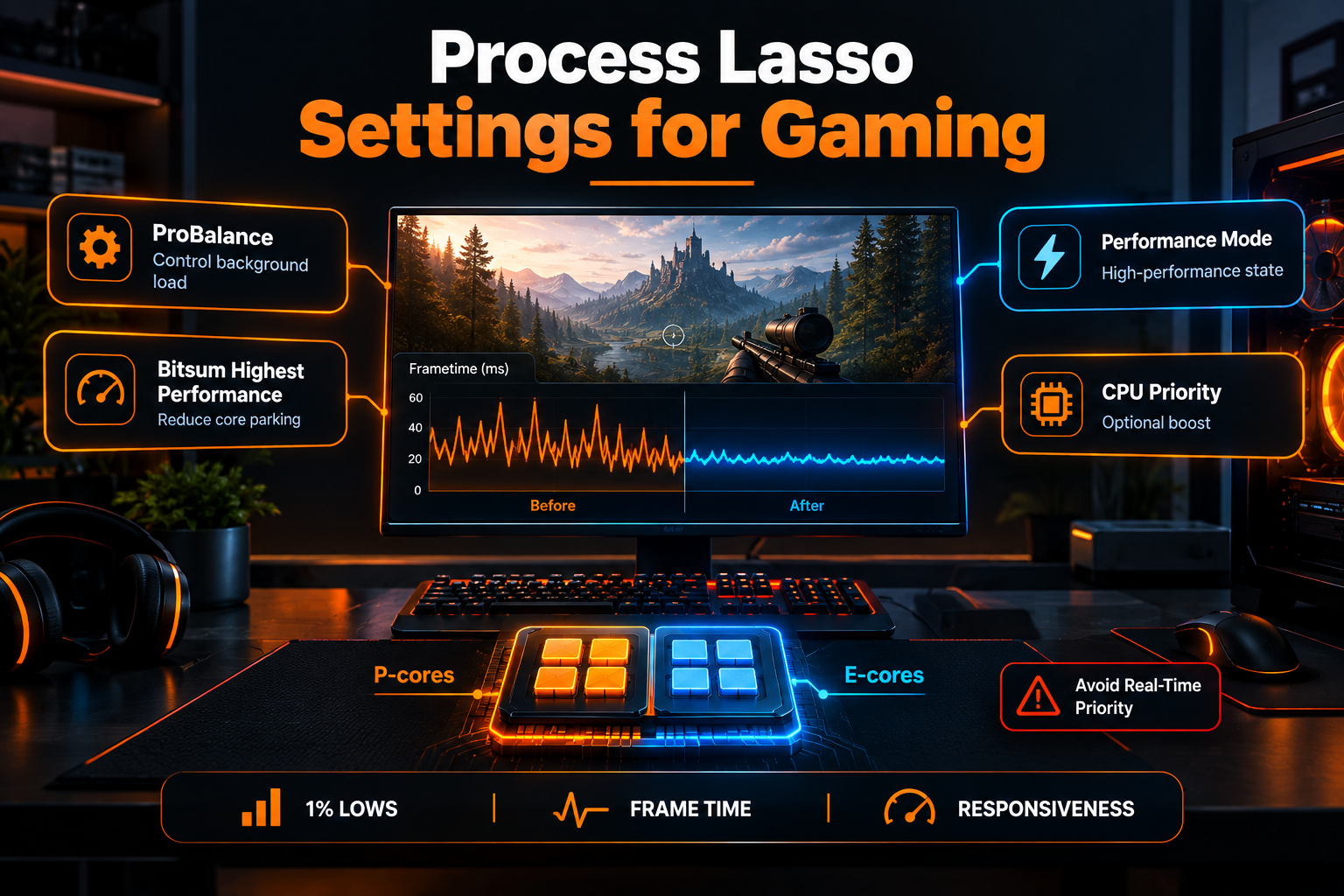 Process Lasso settings for gaming showing ProBalance, Performance Mode, Bitsum Highest Performance, CPU priority, and frametime optimization.
