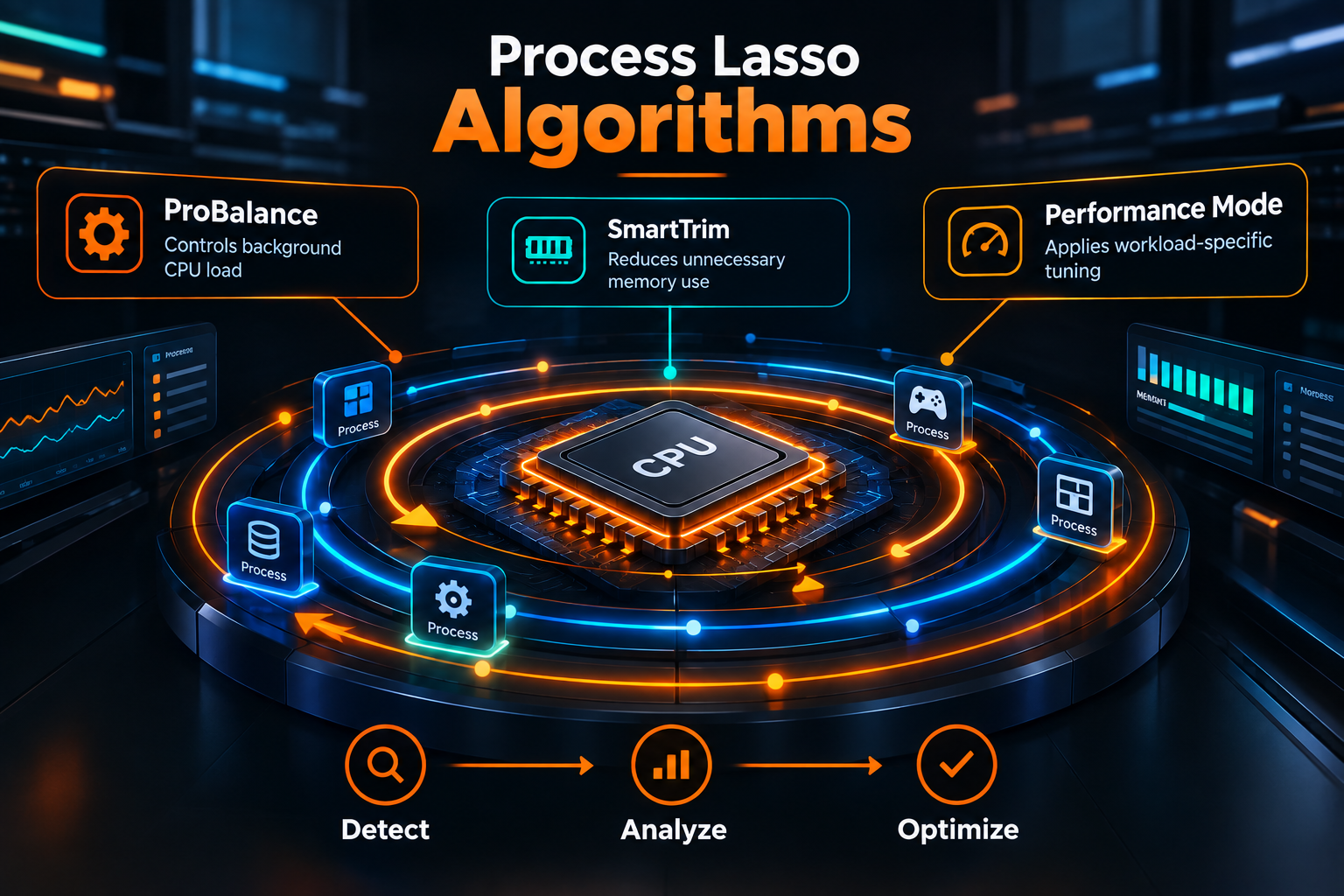 Process Lasso algorithms showing ProBalance, SmartTrim, Performance Mode, and automated CPU optimization.