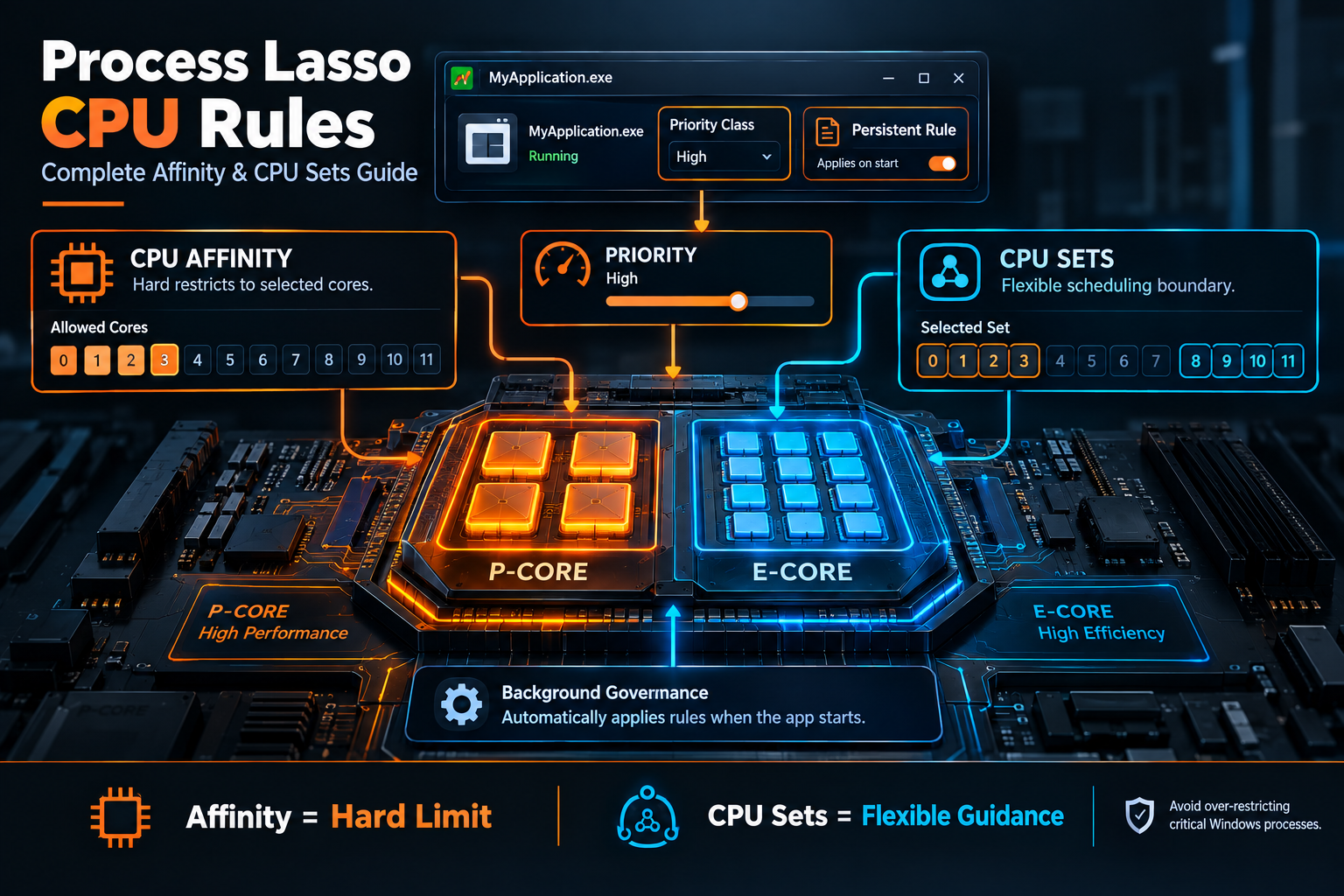 Process Lasso CPU rules showing CPU affinity, CPU Sets, priority controls, persistent rules, and P-core and E-core management.
